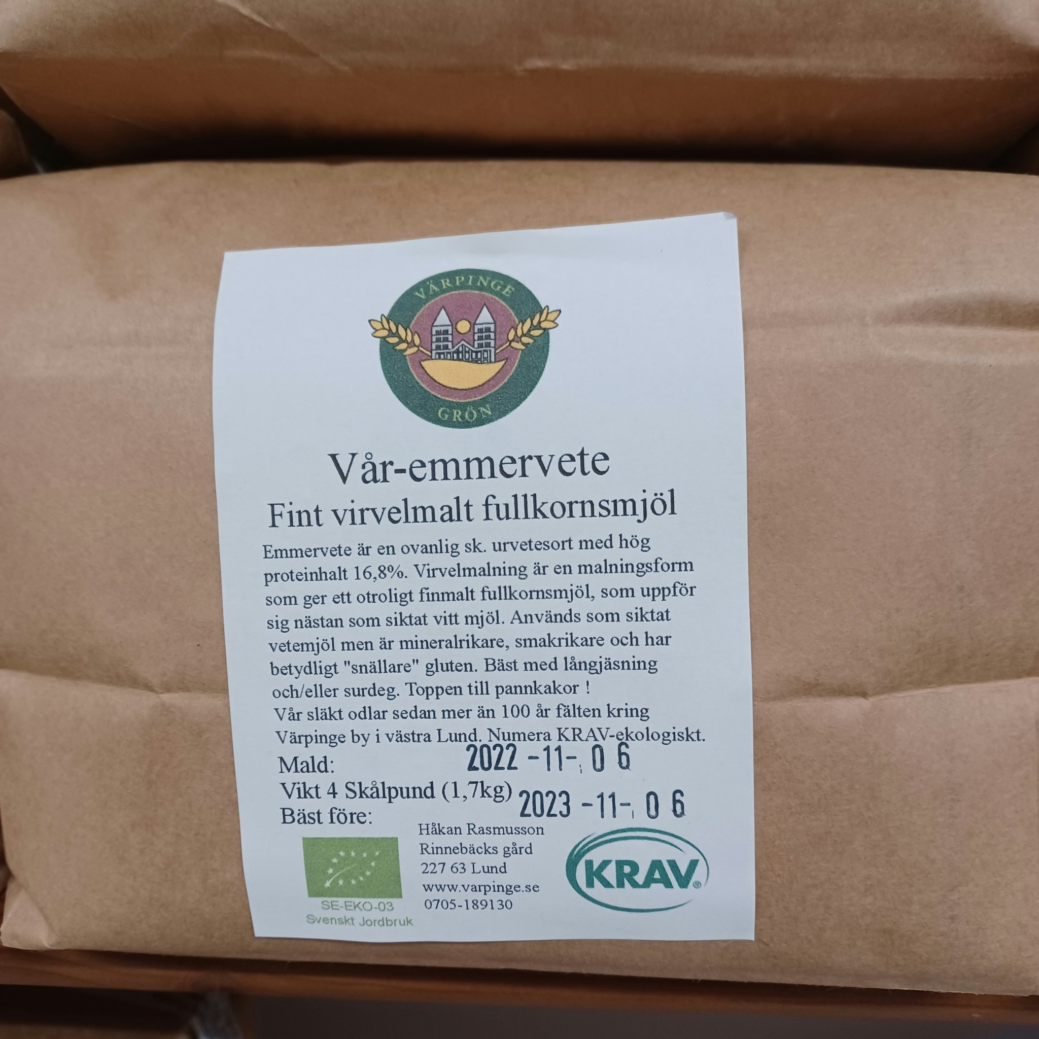 Vår-Emmervete, Fint Virvelmalt Fullkornsmjöl KRAV 1,7kg, Värpinge Grön