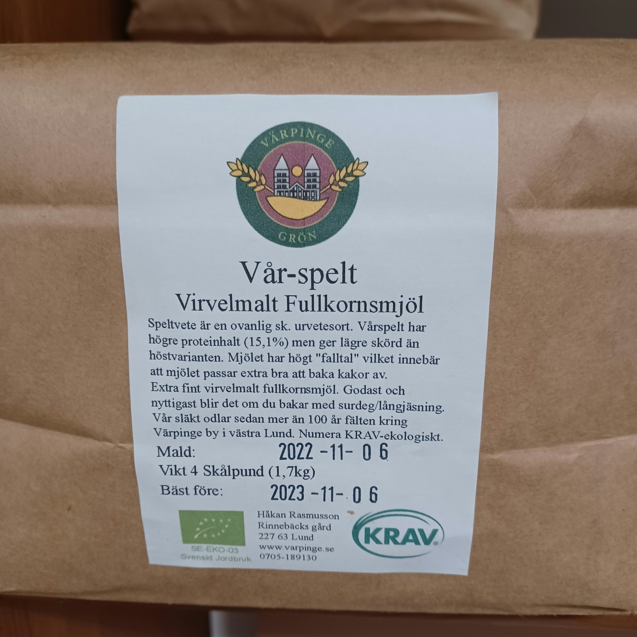 Vår-Spelt, Virvelmalt Fullkornsmjöl KRAV 1,7 kg, Värpinge Grön