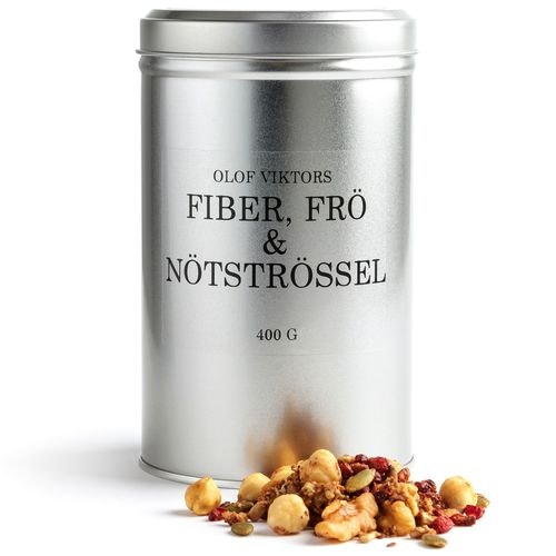 Fiber Frö & Nötströssel plåtburk 250g, Olof Viktors