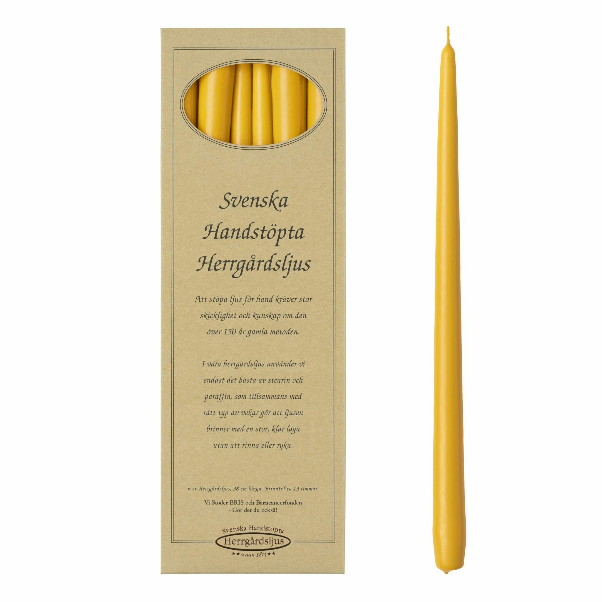 Herrgårdsljus Gul 38 cm, handstöpta