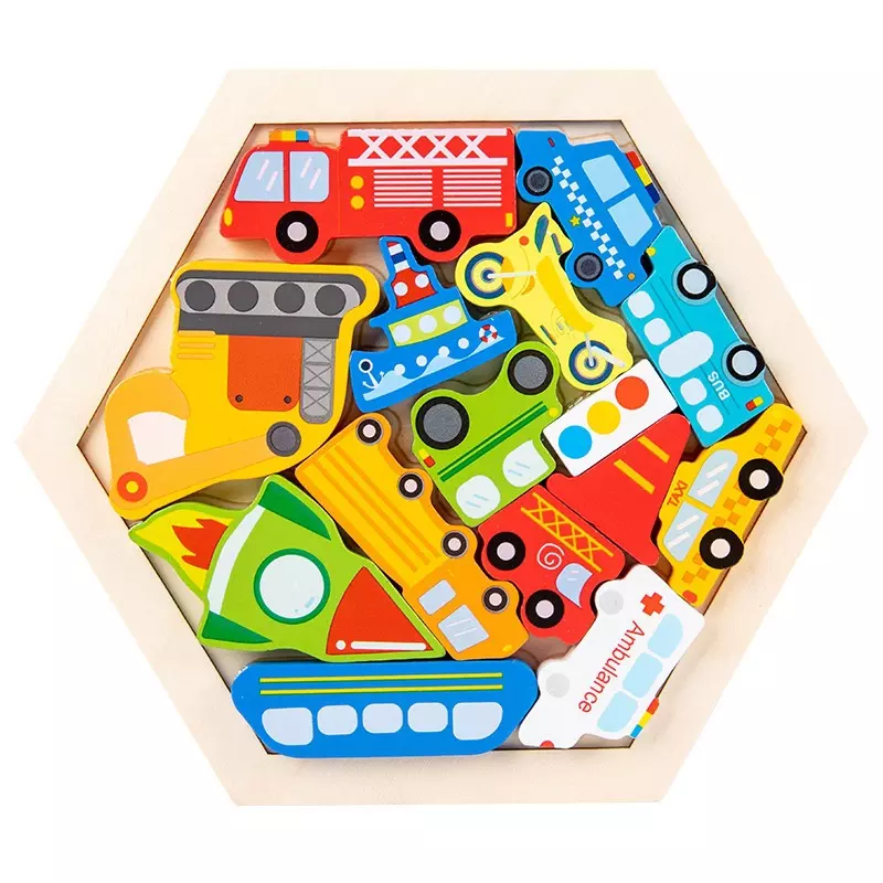 Färgglatt Montessori pussel i trä för barn. 15st bitar med olika fordon.