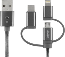 Deltaco Universal Charge- och Sync, Micro USB, USB-C, Lightning, 1m