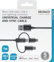 Deltaco Universal Charge- och Sync, Micro USB, USB-C, Lightning, 1m