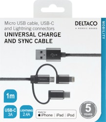 Deltaco Universal Charge- och Sync, Micro USB, USB-C, Lightning, 1m