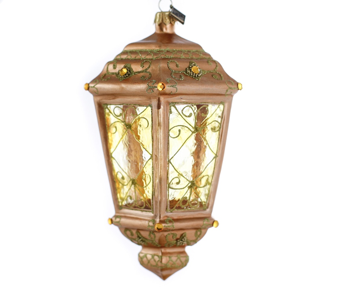 Gull-lanterne, 16 cm hånddekorert glassornament