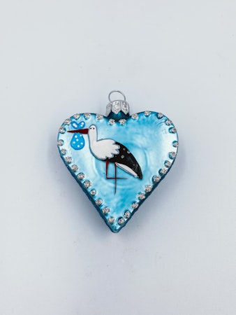 Storken i blå, 7,6 cm hånddekorert glasshjerte