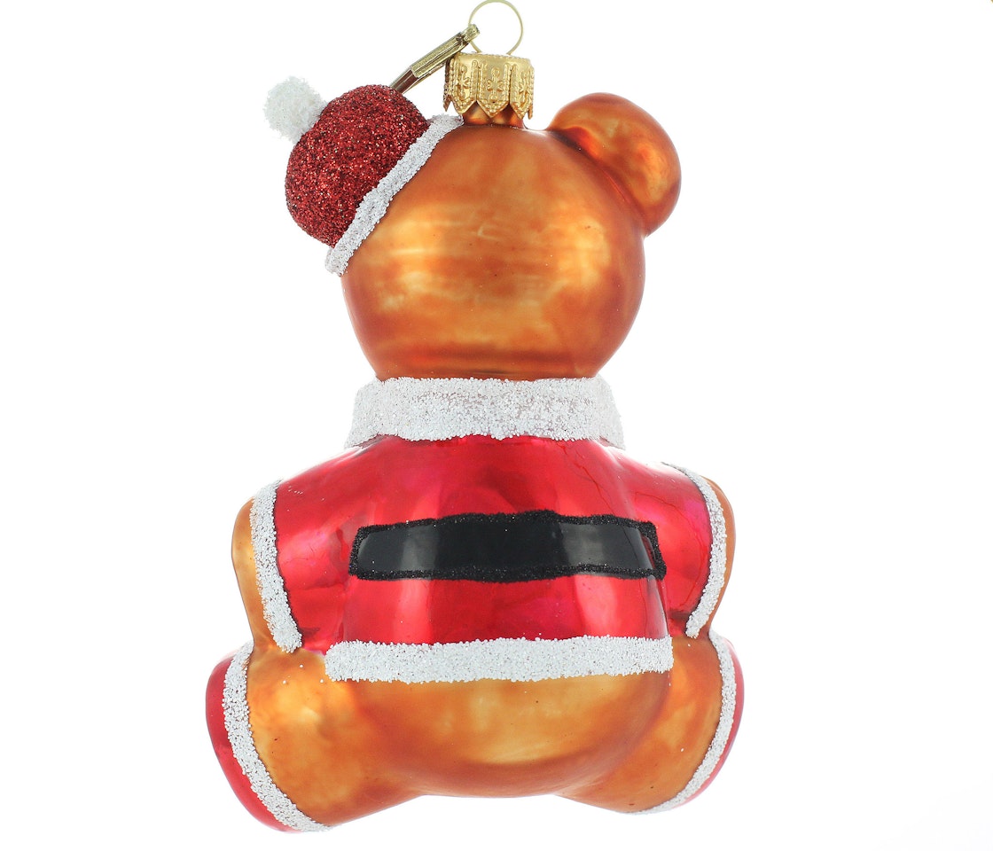 Brun jule-teddy, 12cm hånddekorert glassfigur