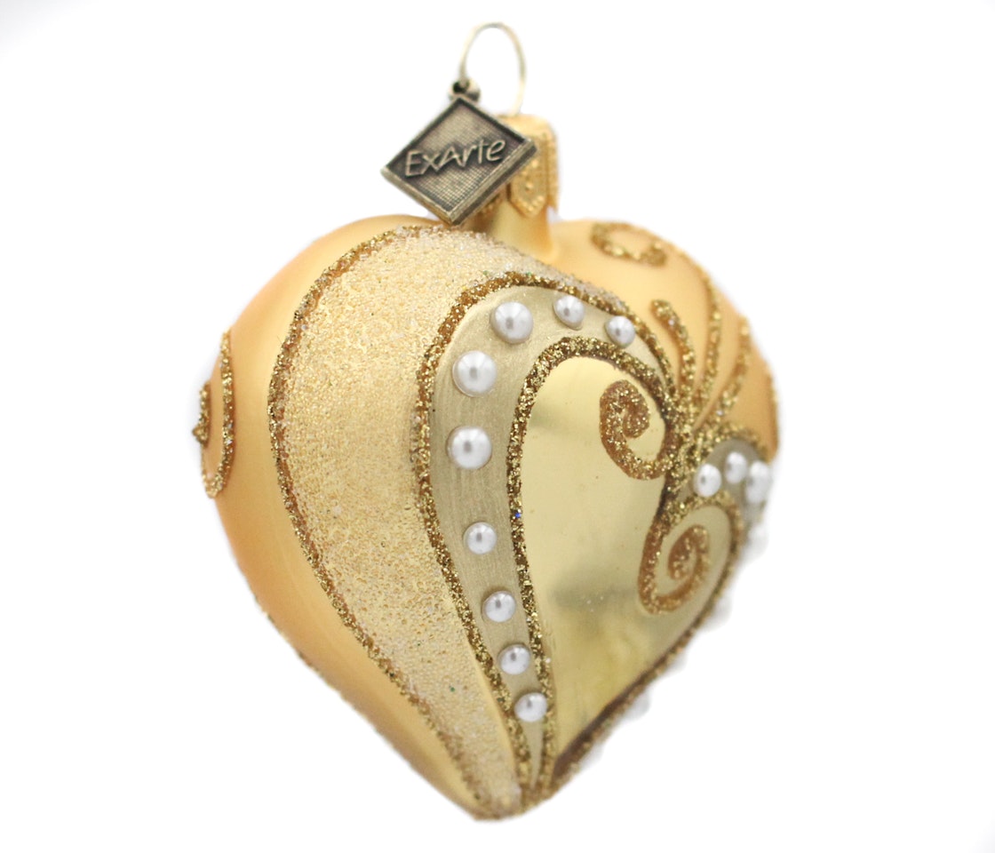 Perler på gull, 5cm hånddekorert glasshjerte