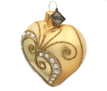 Perler på gull, 5cm hånddekorert glasshjerte