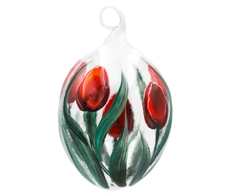 Røde tulipaner, 7,5 cm hånddekorert glass-egg