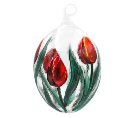 Røde tulipaner, 7,5 cm hånddekorert glass-egg