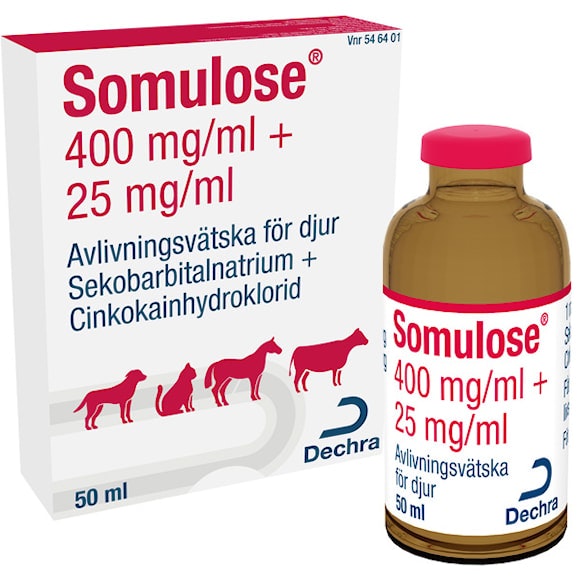 Somulose, avlivningsvätska för djur 400 mg/ml + 25 mg/ml, 50 milliliter