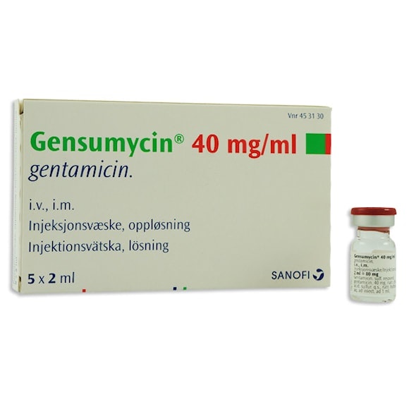 Gensumycin, inj-vätska, lösning 40 mg/ml, 5 x 2 milliliter