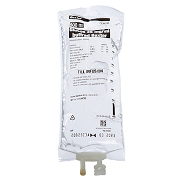 Glucos Baxter 25 mg/ml buffrad, inf-vätska, lösning, 20 x 500 milliliter