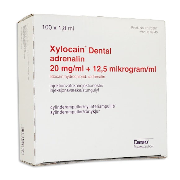 Xylocain Dental Adrenalin, inj-vätska, lösning 20 mg/ml + 12,5 mikrogram/ml, 100 x 1,8 milliliter