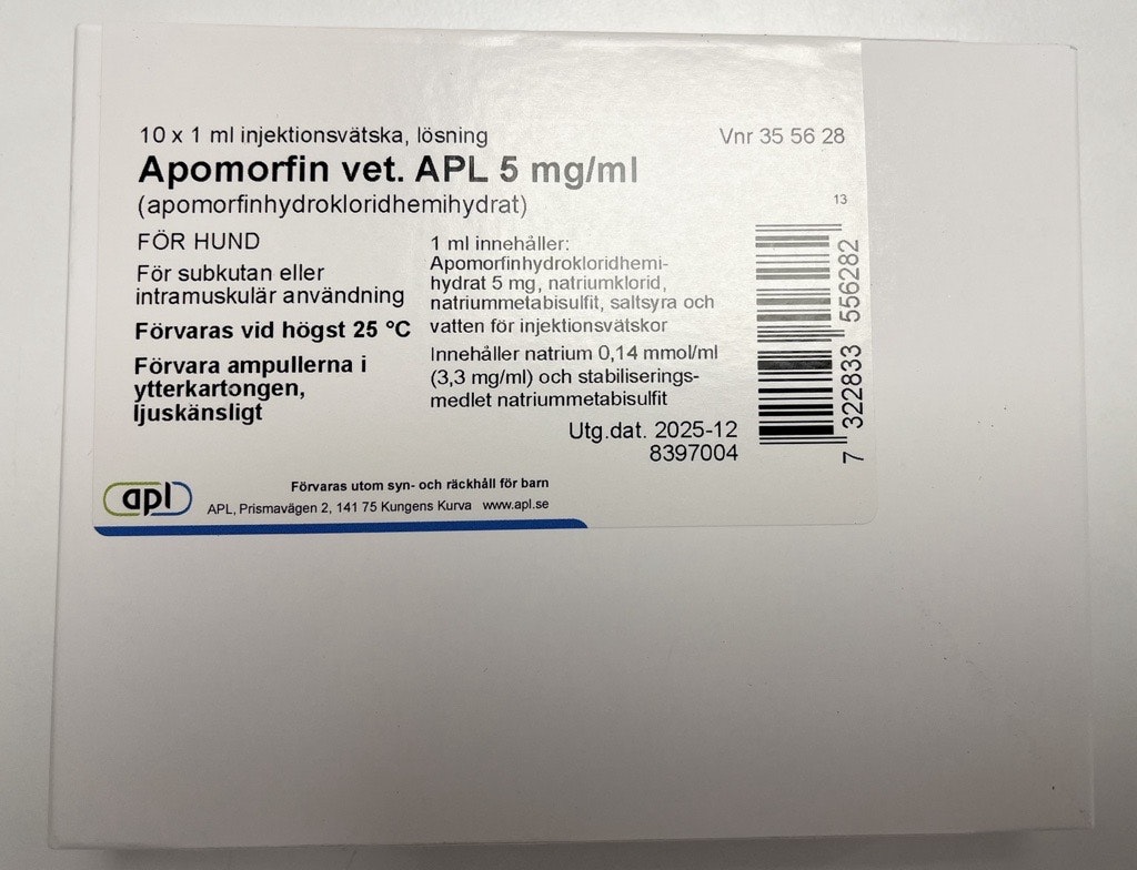 Apomorfin vet. APL 5 mg/ml 10 x 1 milliliter Injektionsvätska, lösning
