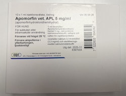 Apomorfin vet. APL 5 mg/ml 10 x 1 milliliter Injektionsvätska, lösning