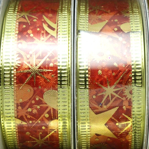 Ljus röd med Juliga Gulddetaljer Organzaband 25mm 2,5m