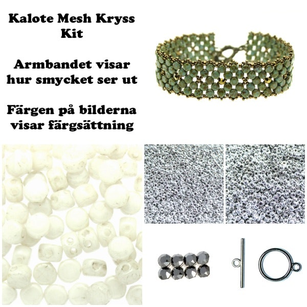 Kalote Mesh Kryss Armband Kit Vit och Silver (EJ MÖNSTER ENDAST PÄRLOR)