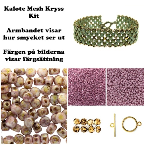 Kalote Mesh Kryss Armband Kit Rosa/Lila och Guld (EJ MÖNSTER ENDAST PÄRLOR)