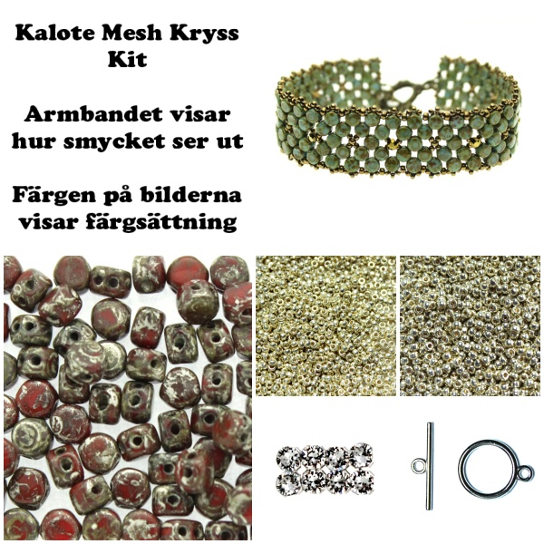 Kalote Mesh Kryss Armband Kit Röd och Silver (EJ MÖNSTER ENDAST PÄRLOR)