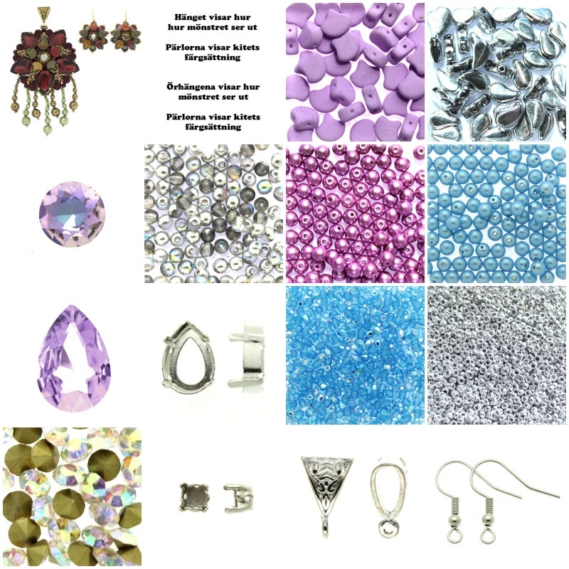 Lila/Blå/Silver Padrugi Hänge och Örhängen Kit (EJ MÖNSTER ENDAST PÄRLOR)