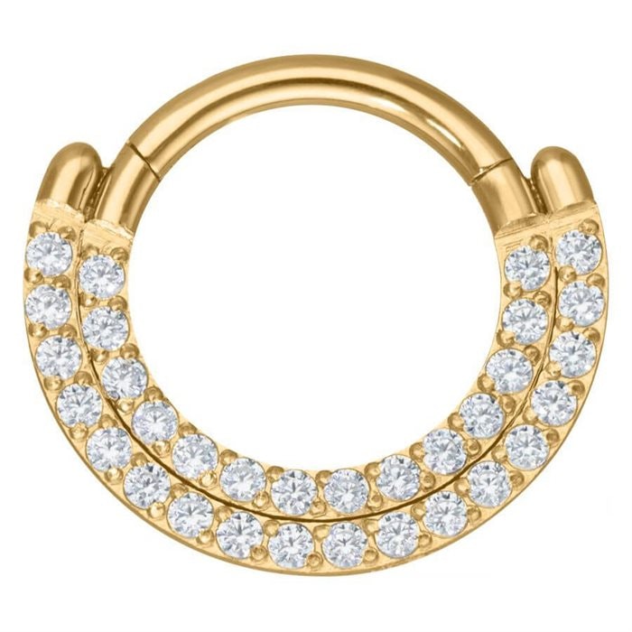 Lyxig clickerring i guldig färg med vita kristaller 1,2x8 mm