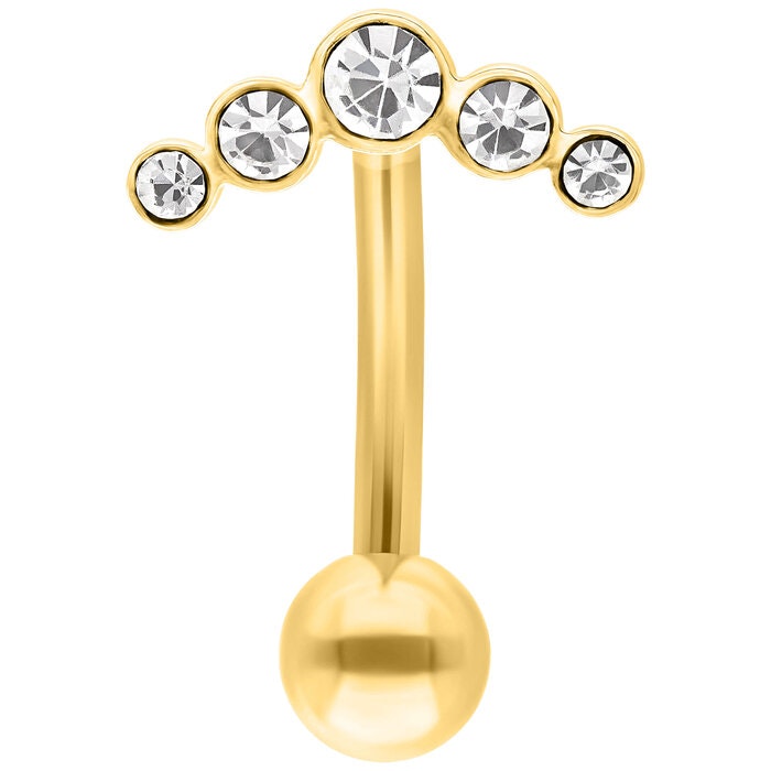 Guldigt navelsmycke med fem vita stenar upptill 1,6x8 mm