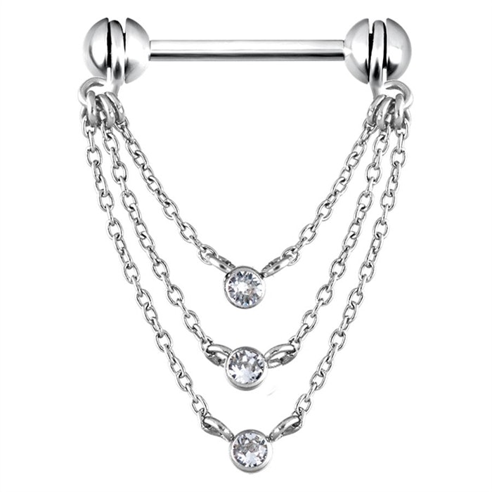 Vacker nippelpiercing med tre hängande kedjor 1,6x14 mm