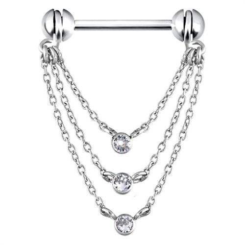 Vacker nippelpiercing med tre hängande kedjor 1,6x14 mm