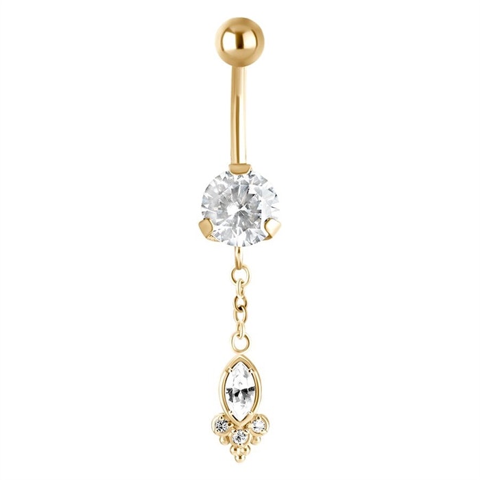 Guldigt navelsmycke med hängande kristallsten 1,6x8 mm