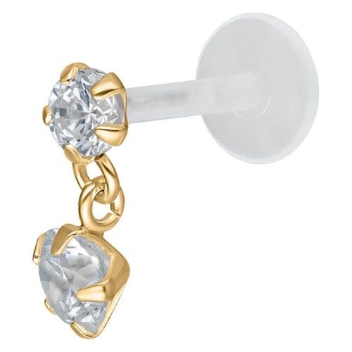 Guldig labretstav med vita kristallstenar och häng Bioplast 1,2x8 mm
