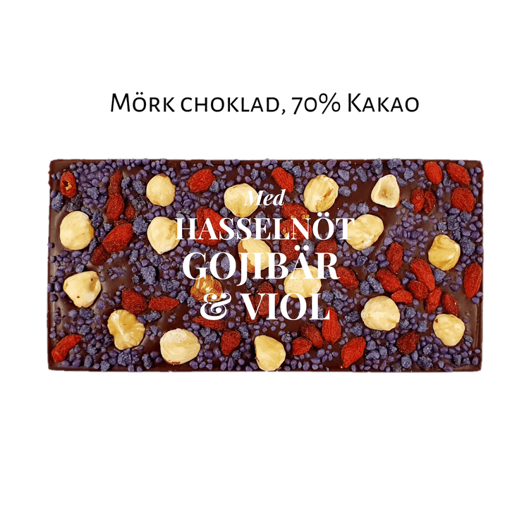 70% Mörk Choklad - Hasselnöt, Gojibär & Viol 100g (x 10st)