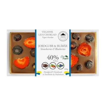 Vegansk Ljus Choklad 40% Choklad - Jordgubb & Blåbär 100g (x 10st)