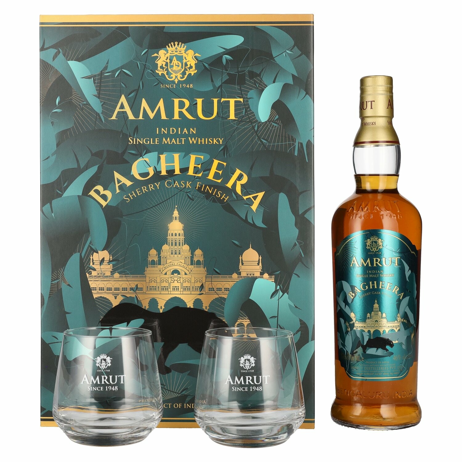 Amrut BAGHEERA Indian Single Malt Whisky Sherry Cask Finish 46% Vol. 0,7l in Giftbox with 2 glasses