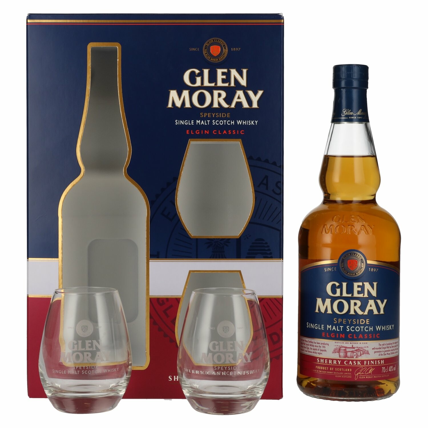 Glen Moray Elgin Classic Sherry Cask Finish 40% Vol. 0,7l in Giftbox with 2 glasses