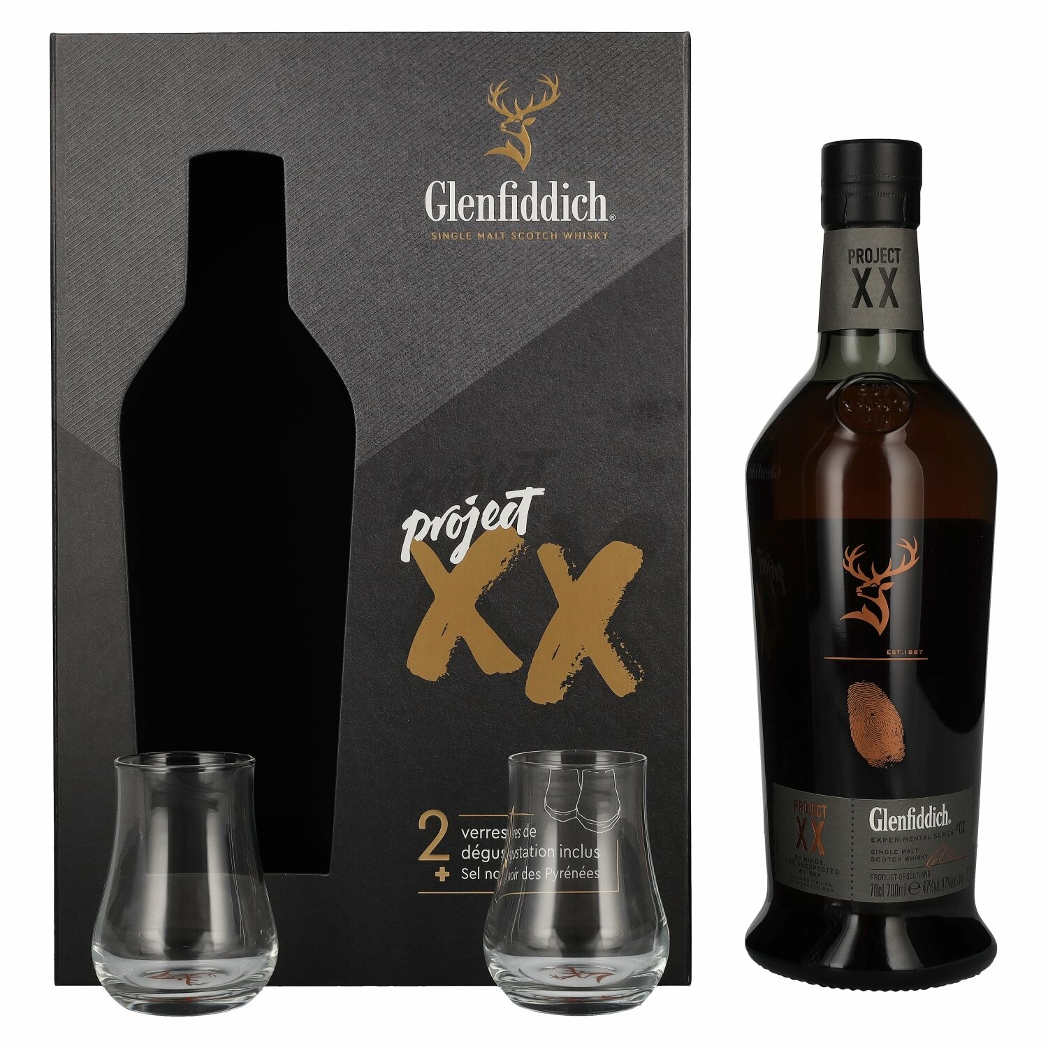 Glenfiddich PROJECT XX Single Malt Scotch Whisky 47% Vol. 0,7l in Giftbox with 2 glasses and schwarzem Salz
