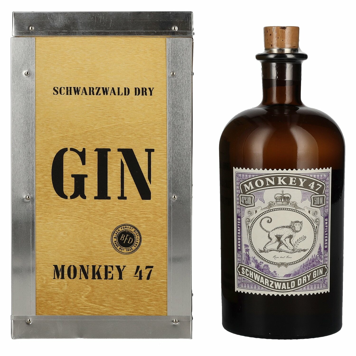 Monkey 47 Schwarzwald Dry Gin 47% Vol. 0,5l i en trälåda