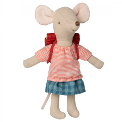 Maileg- Tricycle mouse, Big sister with bag - Red/ möss