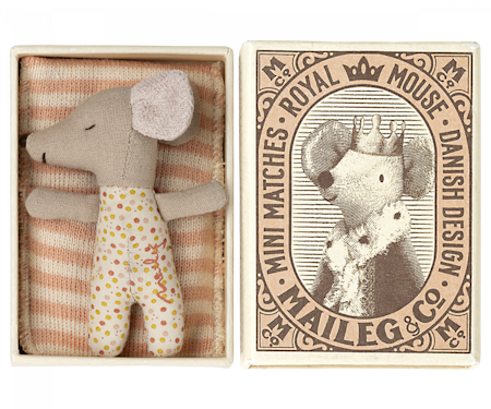 Maileg- Sleepy/wakey baby mouse in matchbox - Rose/ möss