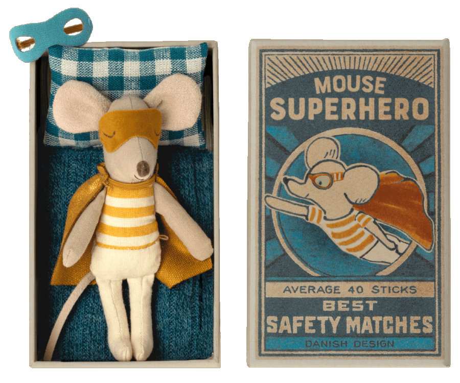 Maileg- Super hero mouse, Little brother in matchbox/ möss