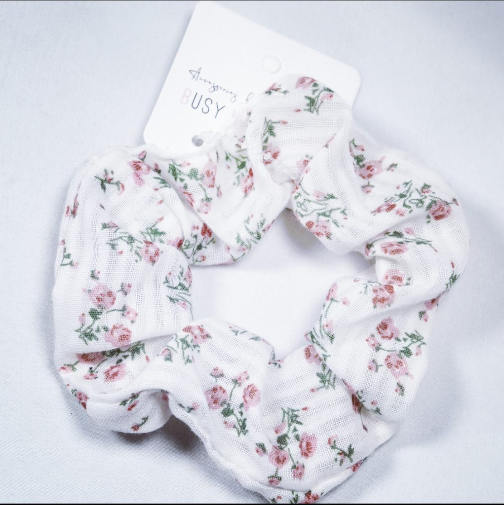 Busy Lizzie Scrunchies WHITE WITH PINK FLOWERS