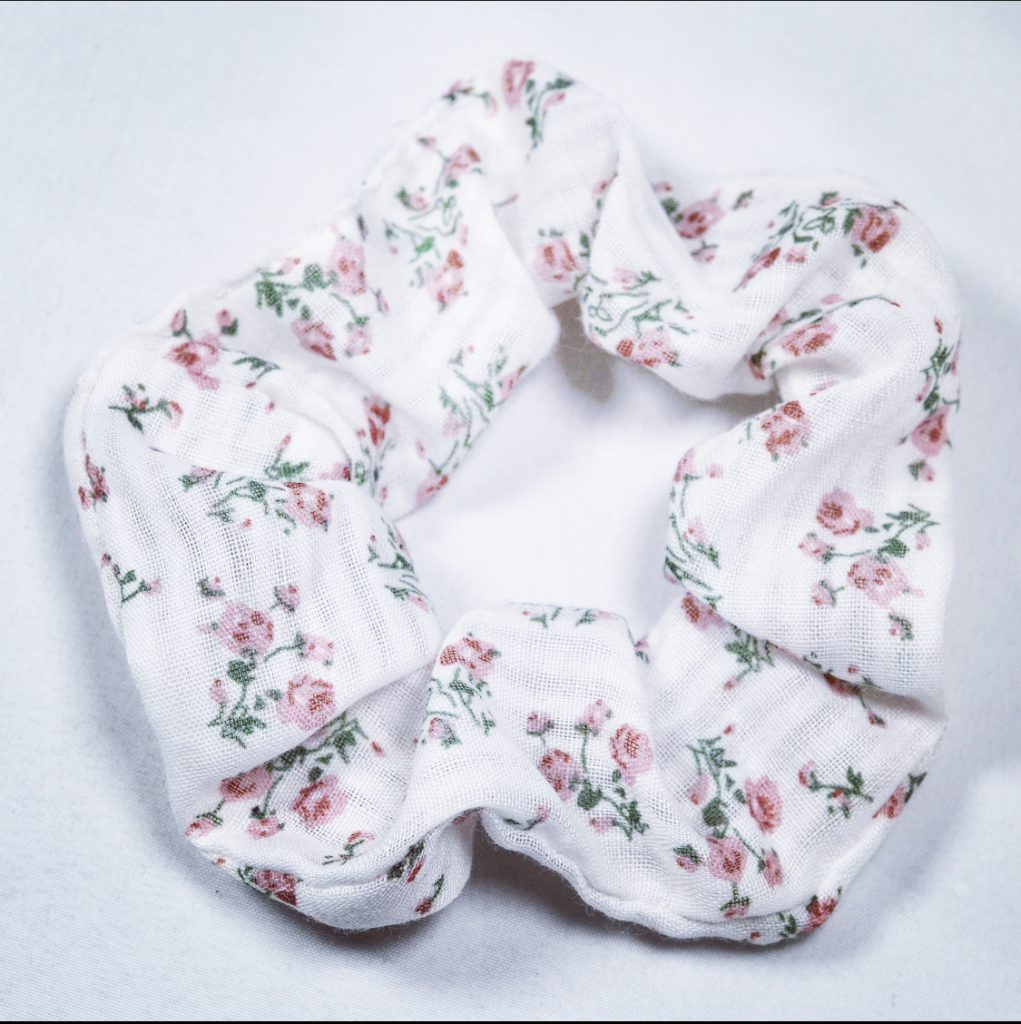 Busy Lizzie Scrunchies WHITE WITH PINK FLOWERS