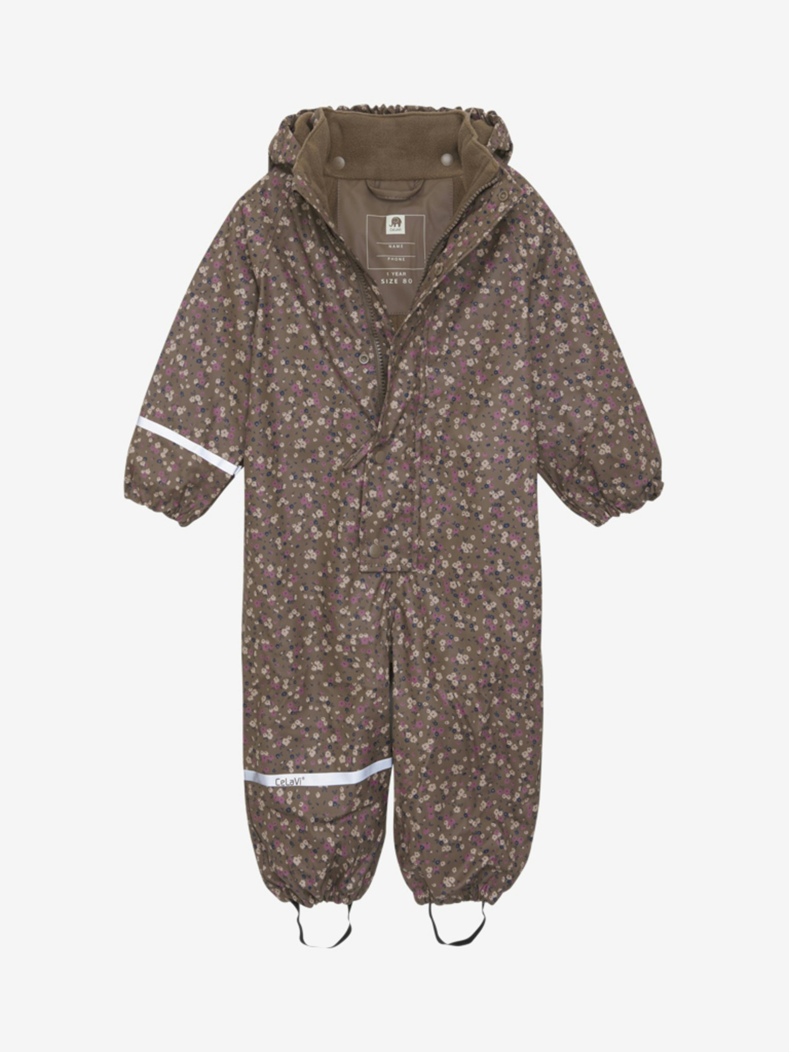 CeLaVi - Rainwear Suit -AOP, W.Fleece/ Regnoverall med fleecefoder- Coffee Quartz