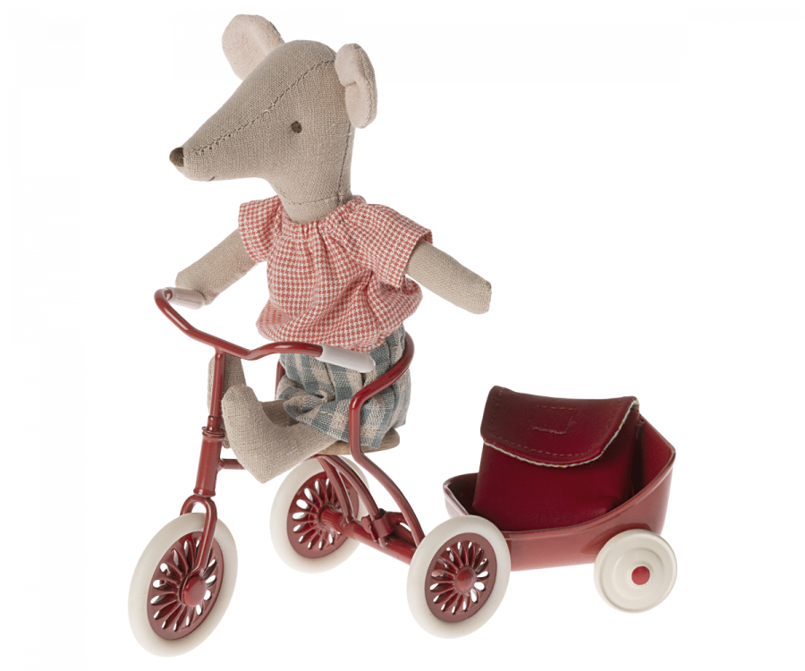 Maileg- Tricycle mouse, big sisterstorasyster mus med söt ryggsäck - red/ möss ss24
