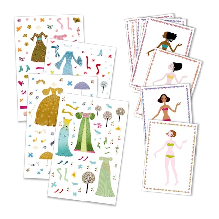 Djeco- Dresses through the seasons- självhäftande klistermärken att använda om och om igen / klisterbok. Pyssla.