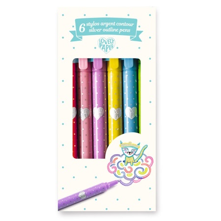 Djeco- 6 Silver Outline Pens/ metallic-pennor i silver med konturer