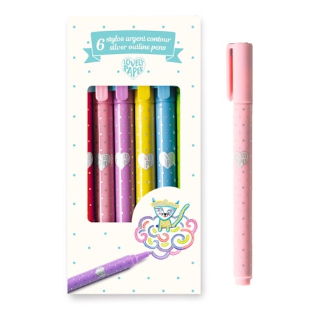 Djeco- 6 Silver Outline Pens/ metallic-pennor i silver med konturer