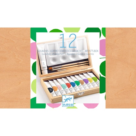 Djeco- 12 Gouaches - Artist's Box / trälåda 12 tuber vattenlöslig och täckande (opak) gouache färg.