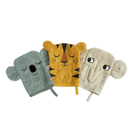 Roommate- Wash Gloves - KOALA, TIGER, ELEPHANT set med 3 st